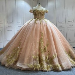 Off Shoulder Rose Gold Quinceanera Dresses for Girls Appliques Floor Length Tulle Vestido De 15 Anos Customised