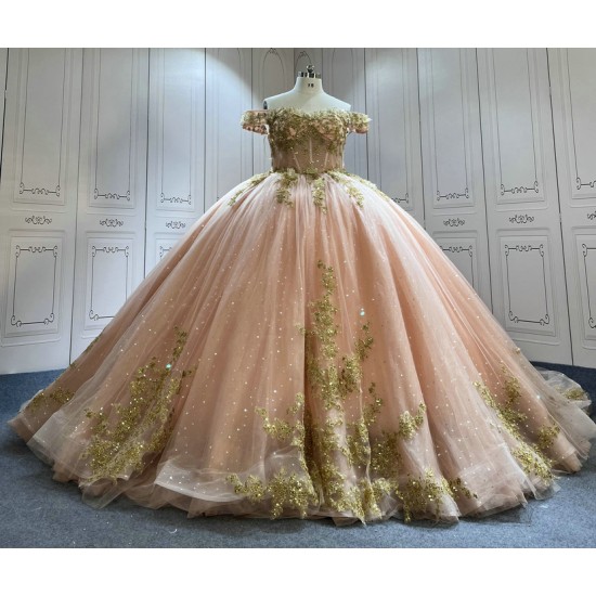 Off Shoulder Rose Gold Quinceanera Dresses for Girls Appliques Floor Length Tulle Vestido De 15 Anos Customised