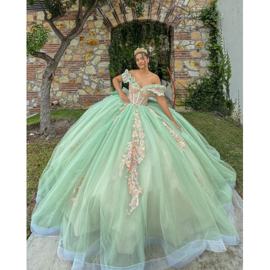 Off Shoulder Sage Green Ballgown Floral Appliques Quinceanera Dress 2024 Vestidos De 15 Anos