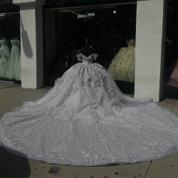 Off Shoulder Silver Ball Gown Beaded Quinceanera Dress Lace Up Back Luxurious Tulle Sweet 15 Party Dresses