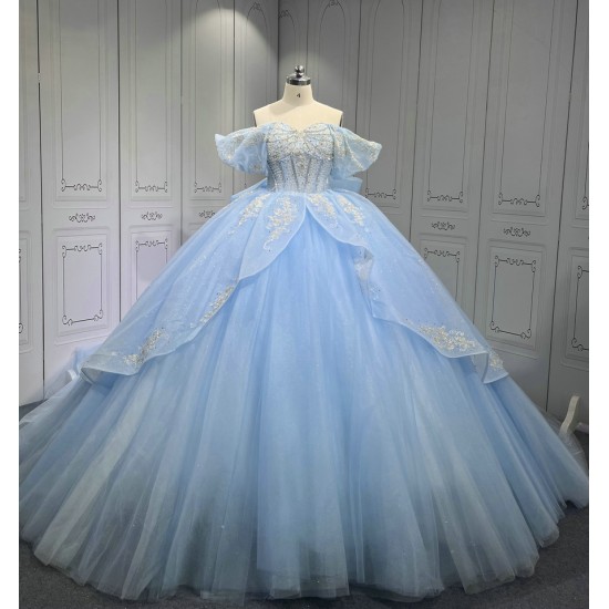 Off Shoulder Sky Blue Quinceanera Dress Sweetheart Neck Vestidos De 15 Anos Sweet 15 Prom Party Dresses With Bow