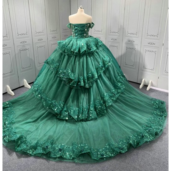 Off The Shoulder Green Quinceanera Dresses Ball Gown Tulle Appliques Tiered Vestidos De XV Anos