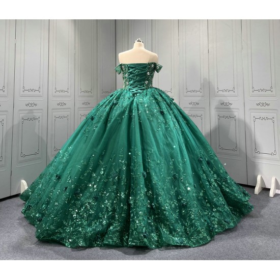 Off The Shoulder Green Quinceanera Dresses Ball Gown Tulle Appliques Tiered Vestidos De XV Anos