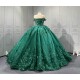 Off The Shoulder Green Quinceanera Dresses Ball Gown Tulle Appliques Tiered Vestidos De XV Anos