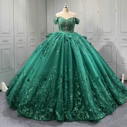 Off The Shoulder Green Quinceanera Dresses Ball Gown Tulle Appliques Tiered Vestidos De XV Anos