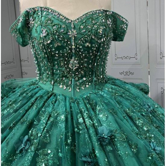 Off The Shoulder Green Quinceanera Dresses Ball Gown Tulle Appliques Tiered Vestidos De XV Anos