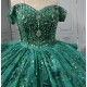 Off The Shoulder Green Quinceanera Dresses Ball Gown Tulle Appliques Tiered Vestidos De XV Anos