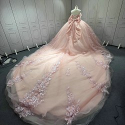 Off the Shoulder Pink Quinceanera Dresses Tulle 3D Flowers Appliques 15 Anos Sweetheart Vestido De 15 Customised With Bow