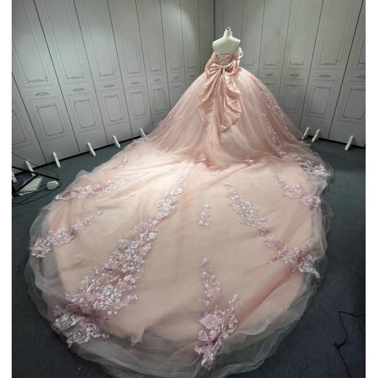 Off the Shoulder Pink Quinceanera Dresses Tulle 3D Flowers Appliques 15 Anos Sweetheart Vestido De 15 Customised With Bow