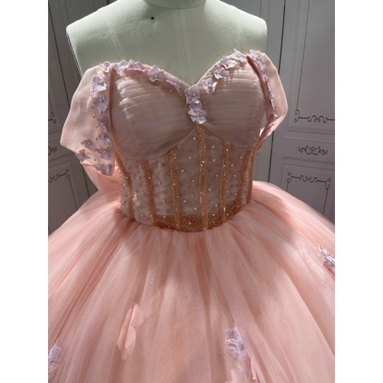 Off the Shoulder Pink Quinceanera Dresses Tulle 3D Flowers Appliques 15 Anos Sweetheart Vestido De 15 Customised With Bow