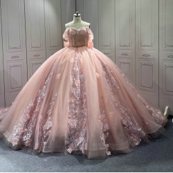 Off the Shoulder Pink Quinceanera Dresses Tulle 3D Flowers Appliques 15 Anos Sweetheart Vestido De 15 Customised With Bow