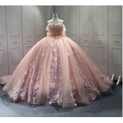 Off the Shoulder Pink Quinceanera Dresses Tulle 3D Flowers Appliques 15 Anos Sweetheart Vestido De 15 Customised With Bow