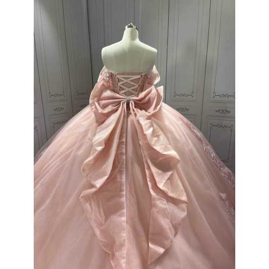 Off the Shoulder Pink Quinceanera Dresses Tulle 3D Flowers Appliques 15 Anos Sweetheart Vestido De 15 Customised With Bow