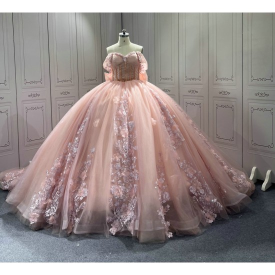 Off the Shoulder Pink Quinceanera Dresses Tulle 3D Flowers Appliques 15 Anos Sweetheart Vestido De 15 Customised With Bow