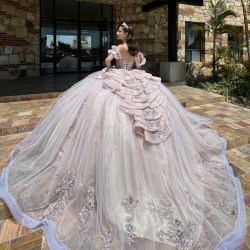 Pink Quinceanera Dresses V Neck Off Shoulder 2024 Ball Gown Princess Dress Lace Appliques Vestidos De 15 Anos With Bow