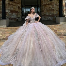 Pink Quinceanera Dresses V Neck Off Shoulder 2024 Ball Gown Princess Dress Lace Appliques Vestidos De 15 Anos With Bow