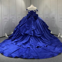 Princess 3D Flowers Blue Quinceanera Dresses Tulle Sweetheart Neck Off the Shoulder Vestido De 15 Customised With Bow