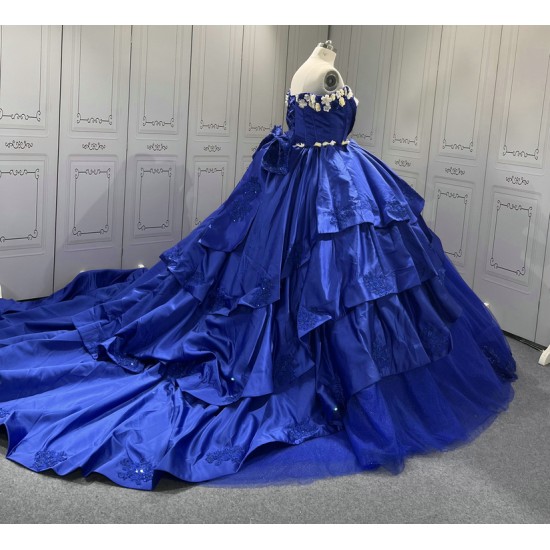 Princess 3D Flowers Blue Quinceanera Dresses Tulle Sweetheart Neck Off the Shoulder Vestido De 15 Customised With Bow