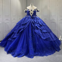 Princess 3D Flowers Blue Quinceanera Dresses Tulle Sweetheart Neck Off the Shoulder Vestido De 15 Customised With Bow