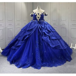 Princess 3D Flowers Blue Quinceanera Dresses Tulle Sweetheart Neck Off the Shoulder Vestido De 15 Customised With Bow