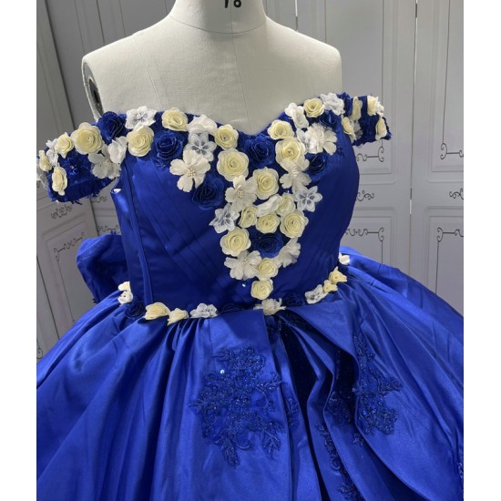 Princess 3D Flowers Blue Quinceanera Dresses Tulle Sweetheart Neck Off the Shoulder Vestido De 15 Customised With Bow