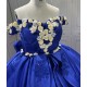 Princess 3D Flowers Blue Quinceanera Dresses Tulle Sweetheart Neck Off the Shoulder Vestido De 15 Customised With Bow