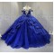 Princess 3D Flowers Blue Quinceanera Dresses Tulle Sweetheart Neck Off the Shoulder Vestido De 15 Customised With Bow