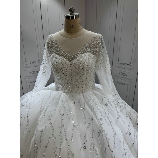 Princess Ball Gown Wedding Dresses Long Sleeves Crystal Wedding White Bride Dresses Sequin Vestidos De Novia