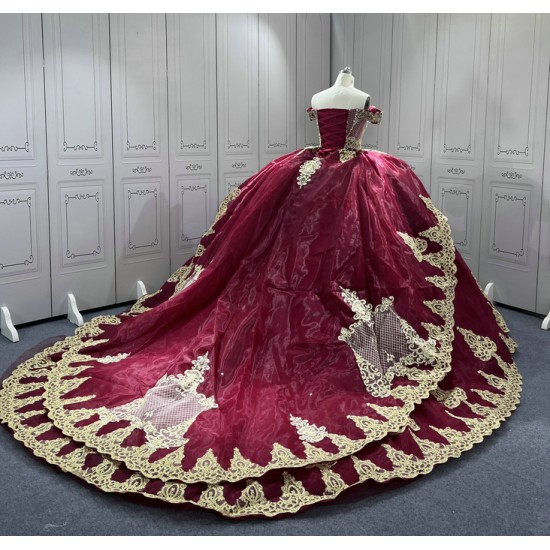 Princess Burgundy Quinceanera Dresses 15 Anos Off the Shoulder Sweetheart Lace Appliques Vestidos De 15 Anos Customised