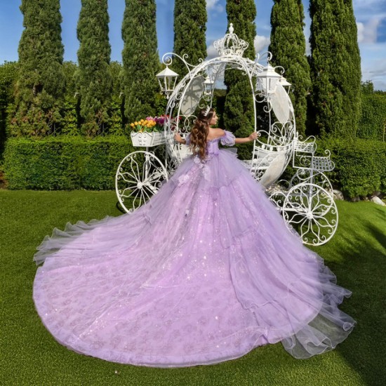 Princess Lavender uinceanera Dresses Off Shoulder Ball Gown Glitter Appliques Lace Beads Tull Sweet 15th Dress