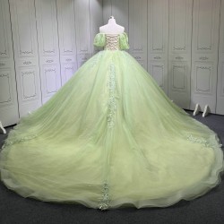 Puff Sleeve Sage Green Quinceanera Dress Strapless Vestidos De XV Anos Lace Appliques Birthday Party Gowns