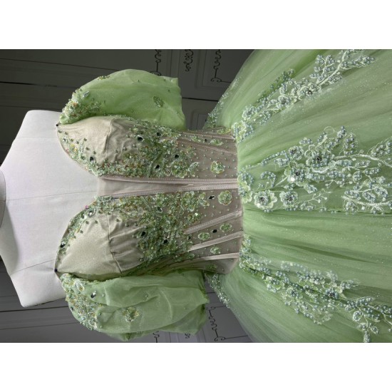 Puff Sleeve Sage Green Quinceanera Dress Strapless Vestidos De XV Anos Lace Appliques Birthday Party Gowns