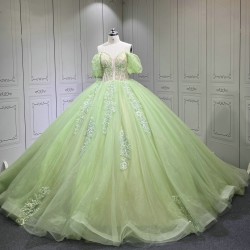 Puff Sleeve Sage Green Quinceanera Dress Strapless Vestidos De XV Anos Lace Appliques Birthday Party Gowns