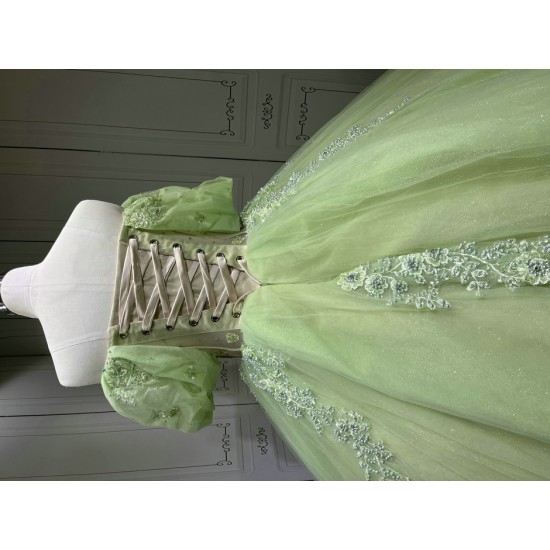 Puff Sleeve Sage Green Quinceanera Dress Strapless Vestidos De XV Anos Lace Appliques Birthday Party Gowns