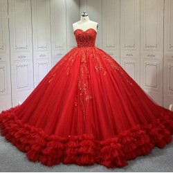 Red Quinceanera Dresses Ruffled Princess Girls Ball Gown Strapless Vestidos De 15 Anos