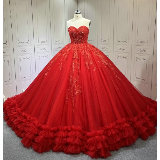 Red Quinceanera Dresses Ruffled Princess Girls Ball Gown Strapless Vestidos De 15 Anos