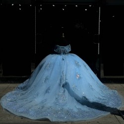 Romantic Sky Blue Ball Gown Quinceanera Dress 2024 Off Shoulder Princess Beaded Appliques Party Prom Gown Custom Made