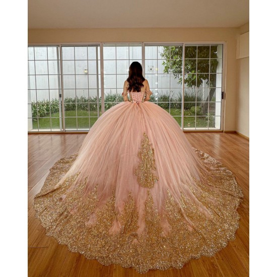 Rose Gold Quince Dress Off Shoulder 15 Anos Crystal Sweetheart Neck Women 2024 Ball Gown Lace Appliques Sequin Girl Birthday Gowns