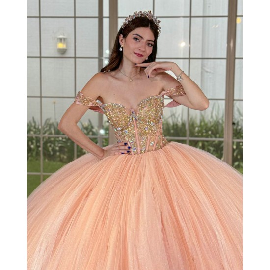 Rose Gold Quince Dress Off Shoulder 15 Anos Crystal Sweetheart Neck Women 2024 Ball Gown Lace Appliques Sequin Girl Birthday Gowns