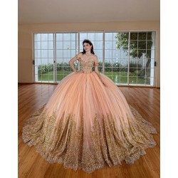 Rose Gold Quince Dress Off Shoulder 15 Anos Crystal Sweetheart Neck Women 2024 Ball Gown Lace Appliques Sequin Girl Birthday Gowns