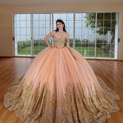 Rose Gold Quince Dress Off Shoulder 15 Anos Crystal Sweetheart Neck Women 2024 Ball Gown Lace Appliques Sequin Girl Birthday Gowns