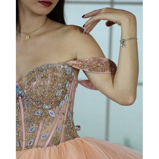 Rose Gold Quince Dress Off Shoulder 15 Anos Crystal Sweetheart Neck Women 2024 Ball Gown Lace Appliques Sequin Girl Birthday Gowns