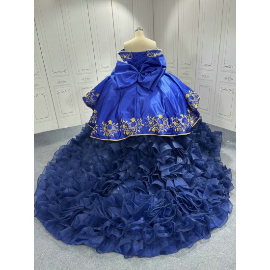 Ruffled Blue Quinceanera Dresses for 15 Anos Off The Shoulder Floor Length Appliques Pleat Vestidos De Baile Customised