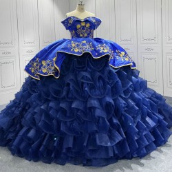 Ruffled Blue Quinceanera Dresses for 15 Anos Off The Shoulder Floor Length Appliques Pleat Vestidos De Baile Customised