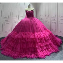 Ruffled Sweetheart Hot Pink Quinceanera Dress 2024 Spaghetti Straps Party Sweet 16 Ball Gown Graduation Prom Gowns