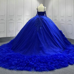 Ruffled Sweetheart Princess Blue Quinceanera Dresses 2024 Spaghetti Strap Ball Gown Girls Party Dress