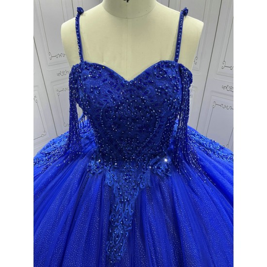 Ruffled Sweetheart Princess Blue Quinceanera Dresses 2024 Spaghetti Strap Ball Gown Girls Party Dress