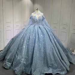 Sea Blue Quinceanera Gown Long Sleeve Vestidos De 15 Anos Custom Made Sweet 15 Gowns With Cape