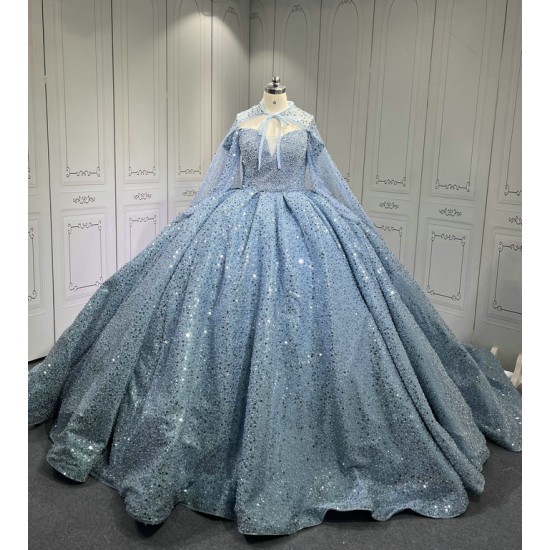 Sea Blue Quinceanera Gown Long Sleeve Vestidos De 15 Anos Custom Made Sweet 15 Gowns With Cape