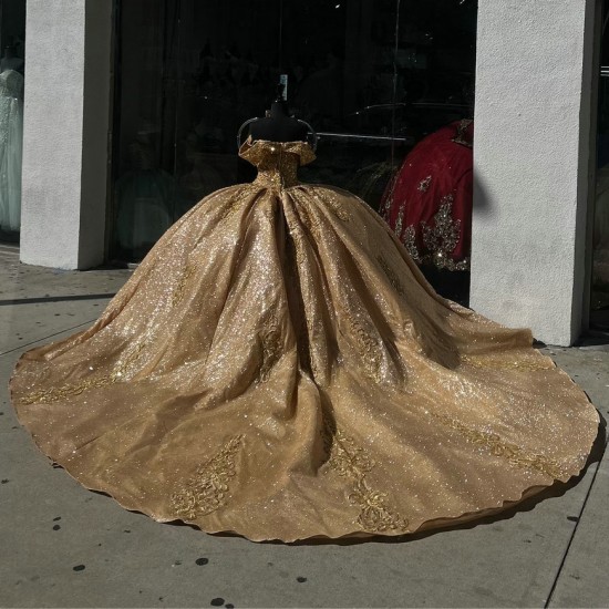 Shiny Gold Quinceanera Dress Ball Gown Lace Applique Mexico Corset Sweet 16 Gown Sequins Vestido De 15 Anos